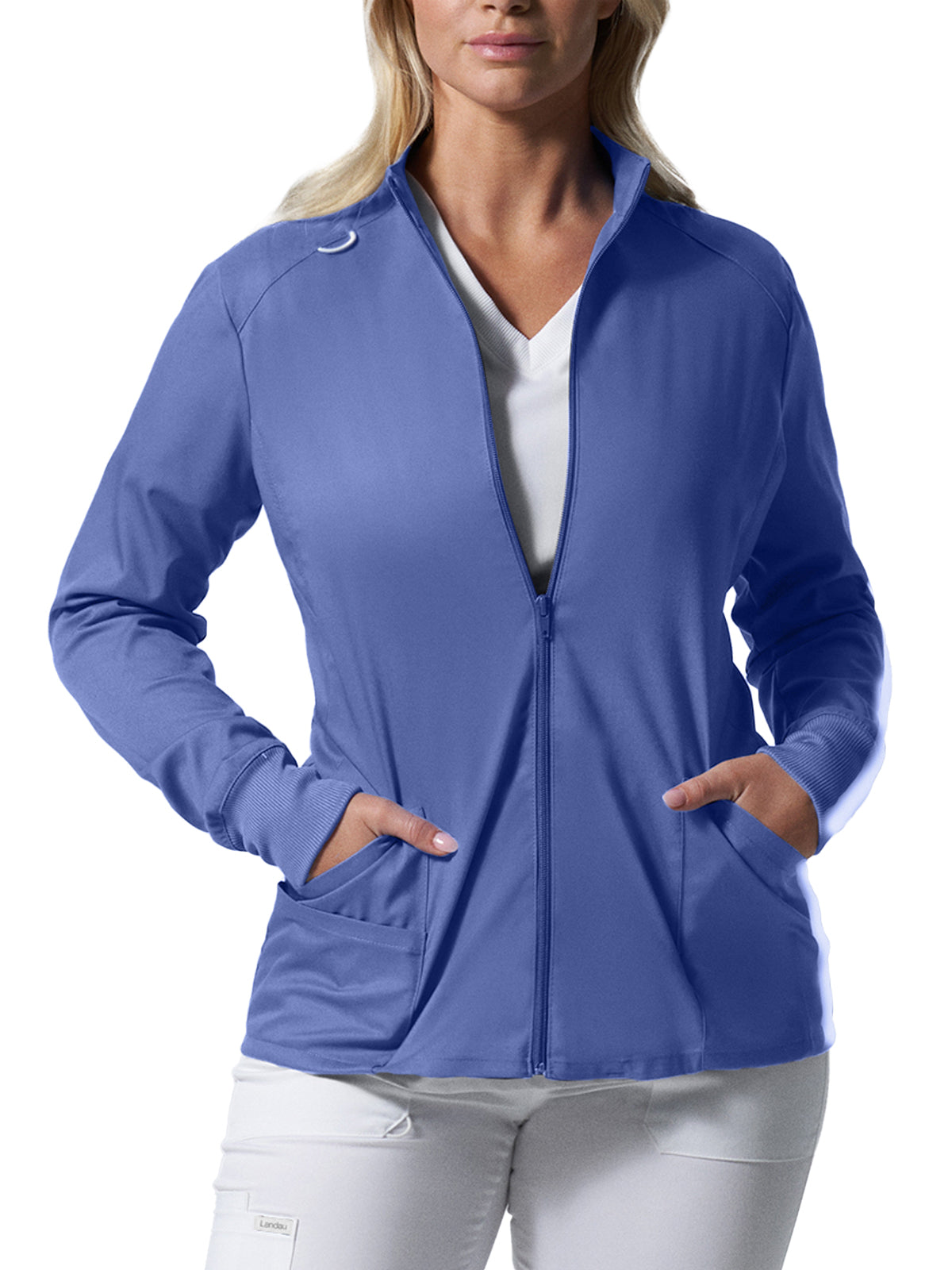 Landau Women's 3-Pocket Mock Neck Zip-Front Scrub Jacket