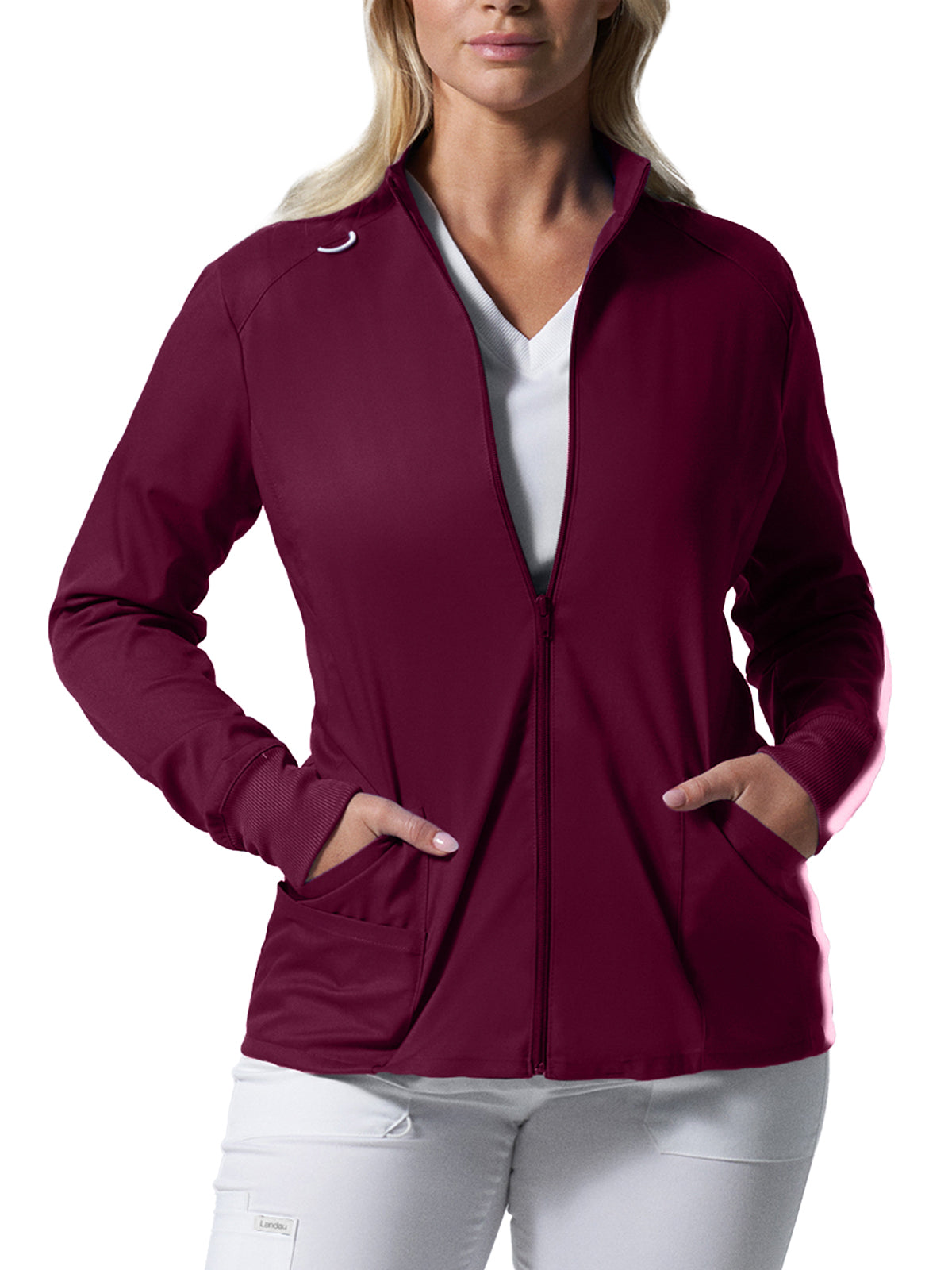 Landau Women's 3-Pocket Mock Neck Zip-Front Scrub Jacket